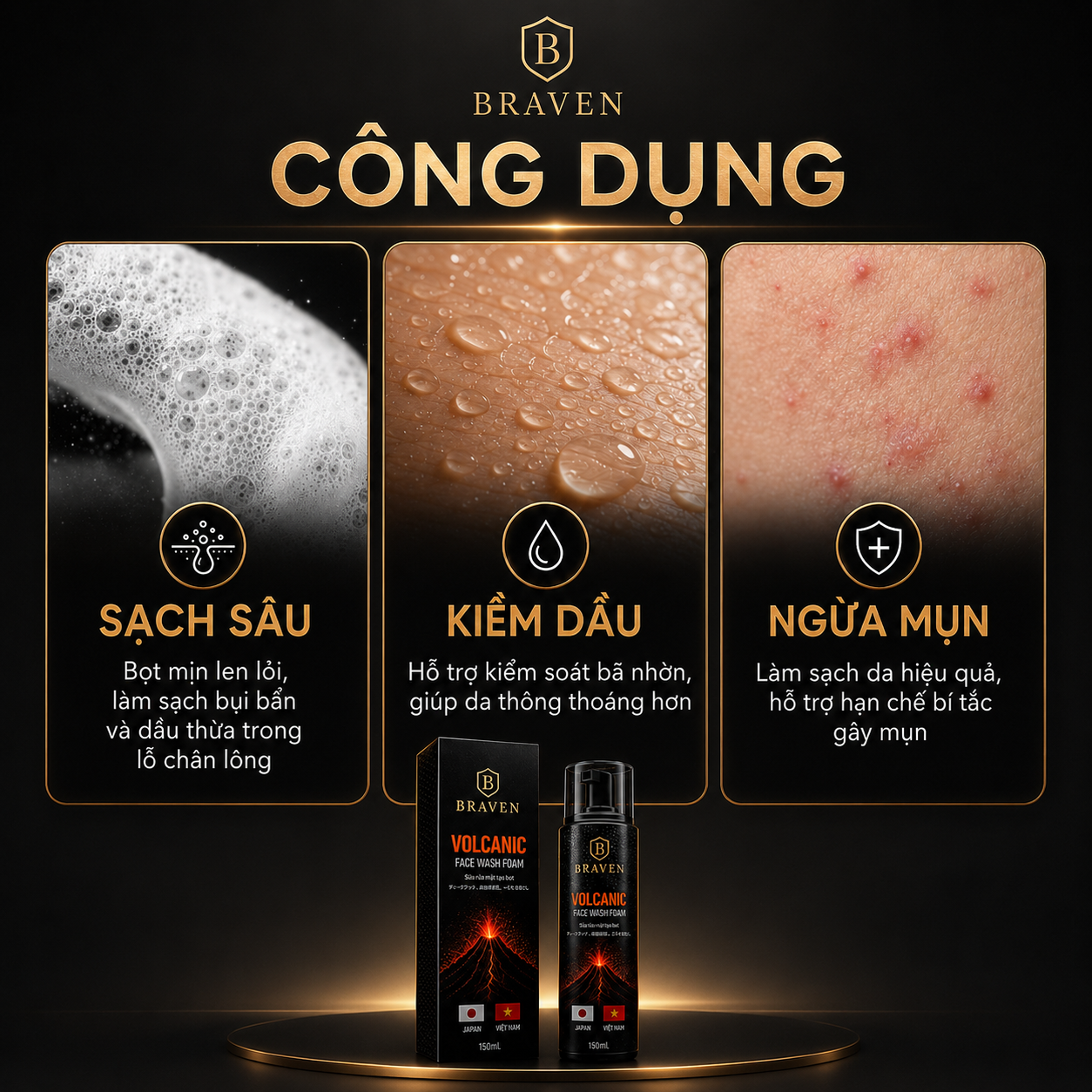 BRAVEN VOLCANIC FACE FOAM – Bọt Rửa Mặt Nam Cao Cấp, Làm Sạch Sâu, Kiểm Soát Dầu, Sạch Thoáng Nam Tính